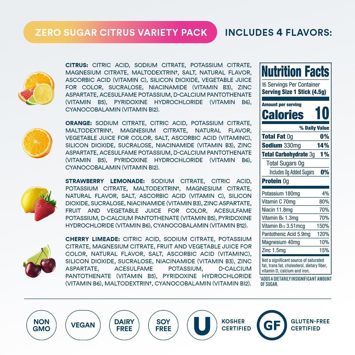 Zero Sugar Citrus Variety Pack Electrolyte Powder, 8 oz sticks, 16 count O4