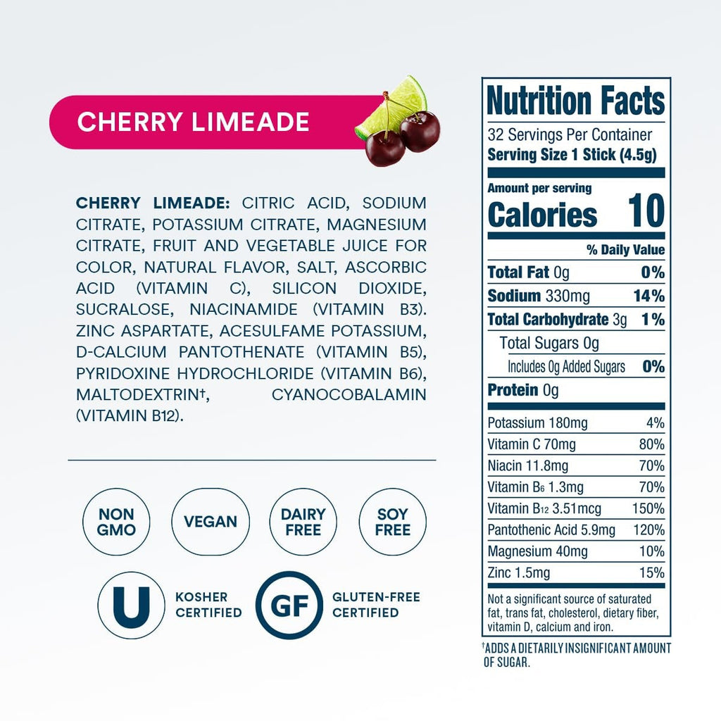 Zero Sugar Cherry Limeade Electrolyte Powder, 8 oz sticks, 32 count Y4