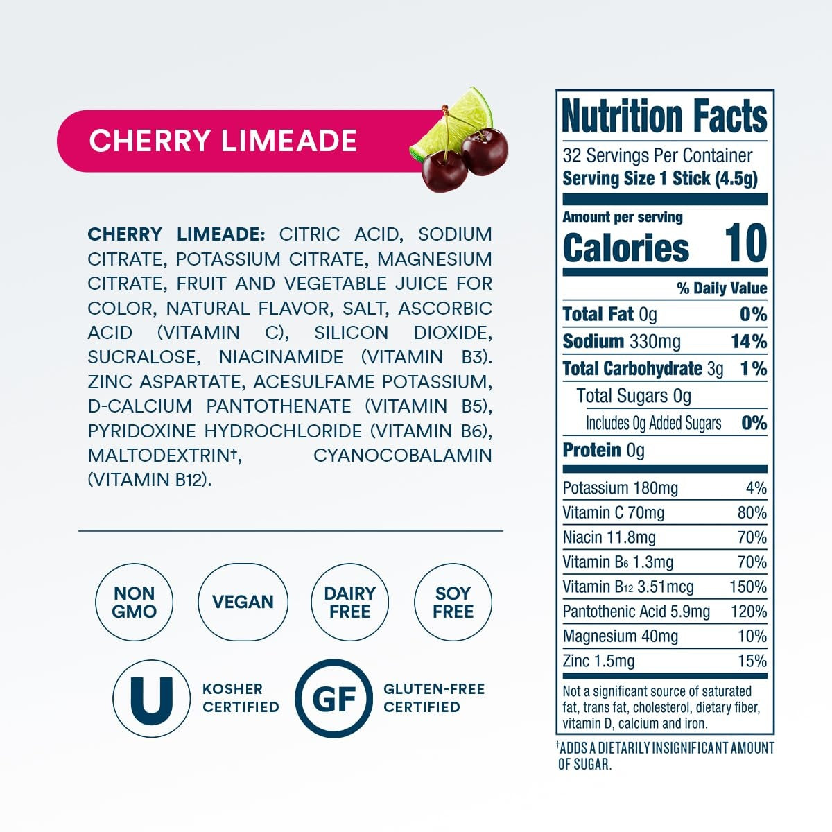 Zero Sugar Cherry Limeade Electrolyte Powder, 8 oz sticks, 32 count Y4