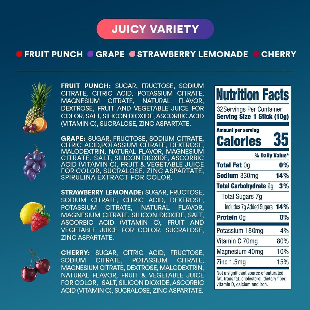 Juicy Variety Pack Electrolyte Powder, 8 oz sticks, 32 count F3